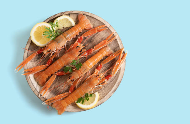 istock plate of fresh Norway lobsters on rustic background. copy space 1263026499