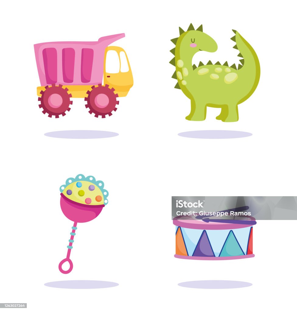 Ilustración de Juguetes Objeto Para Los Niños Pequeños Para Jugar  Caricatura Dinosaurio Camión De Animales Y Tambor y más Vectores Libres de  Derechos de Alegría - iStock