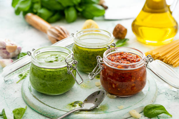 Types of Pesto in Jars. Italian Homemade Healthy Food stock photo