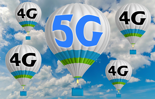 Hot air balloons with 5G technology concept. communication internet online technology concept. 5g communication network system. 3d illustration.