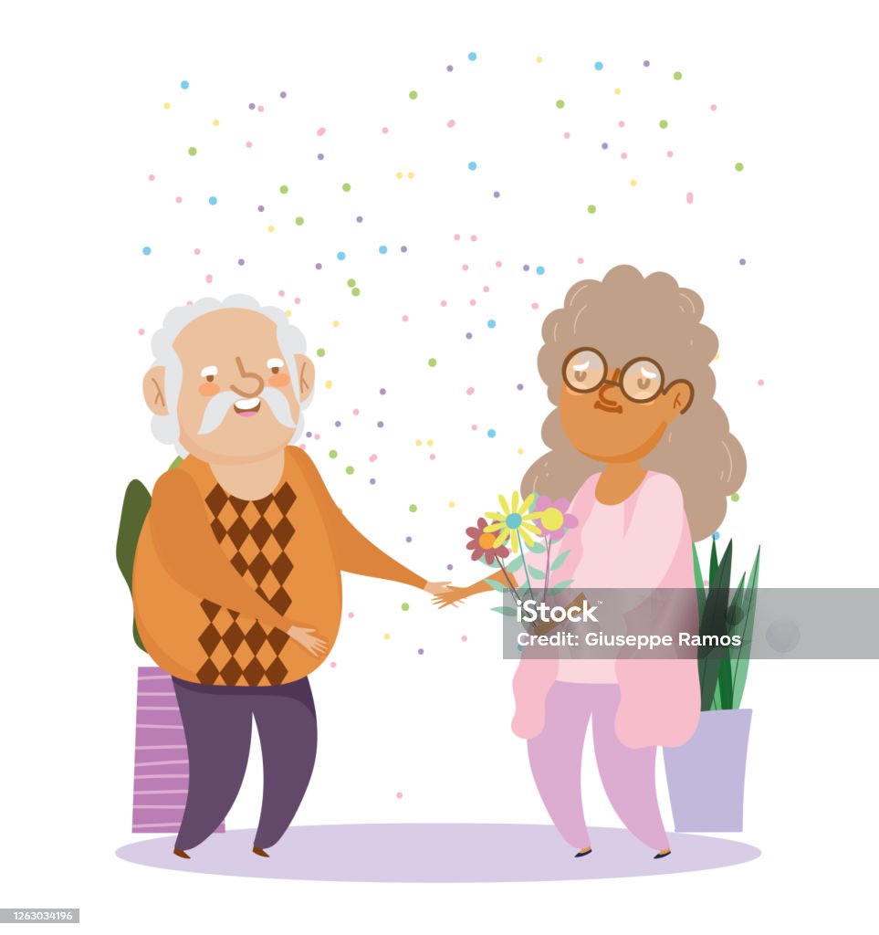 Happy Grandparents Day Elderly Couple Cartoon Grandfather Grandmother With  Flowers Characters Stock Illustration - Download Image Now - iStock