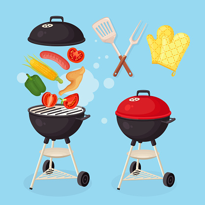 Portable round barbecue with grill sausage, fried chicken wings, corn, tomatoes. Meat vegetables isolated on background. BBQ picnic, family party. Barbeque icon. Cookout event. Vector flat design