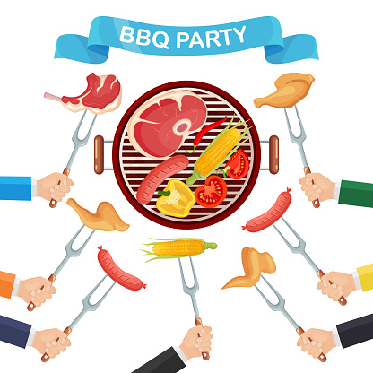 Portable round barbecue with grill sausage, beef steak, fried chicken, meat vegetables isolated on background. BBQ picnic, family party. Barbeque icon. Cookout event concept Vector flat illustration