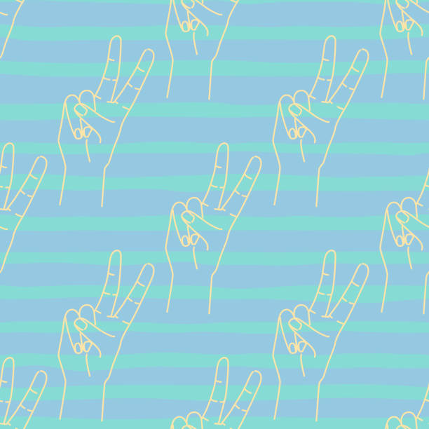 zarys gest dłoni dwa palce w górę. żółty kontur sylwetki na niebieskim tle. znak zwycięstwa pokoju. - hand sign peace sign palm human hand stock illustrations