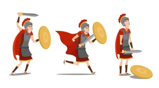Vector illustration of A set of Roman soldiers with a swords and a shields in a cartoon style.Vector illustration.