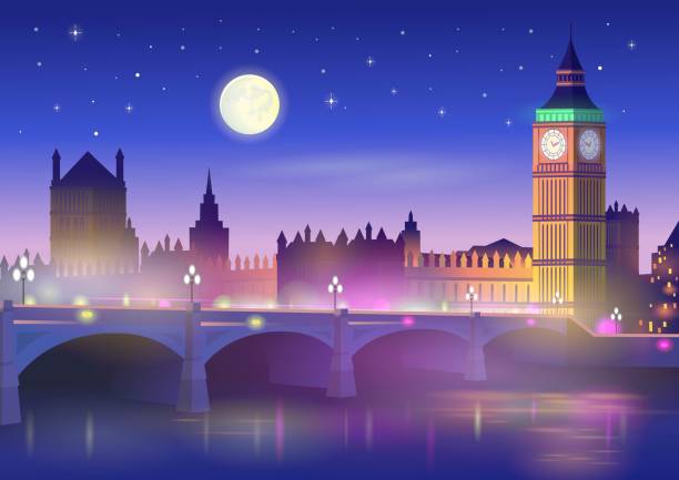 big ben und westminster bridge in london bei nacht. vektor-illustration im cartoon-stil. - bridge london england symbol vector stock-grafiken, -clipart, -cartoons und -symbole