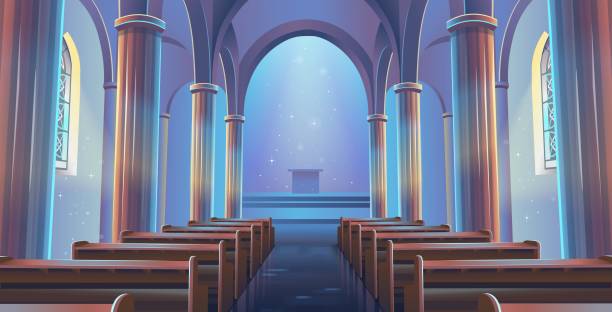 istock Cathedral Church view inside. Interior of Catholic Church. Cartoon vector illustration 1263037072