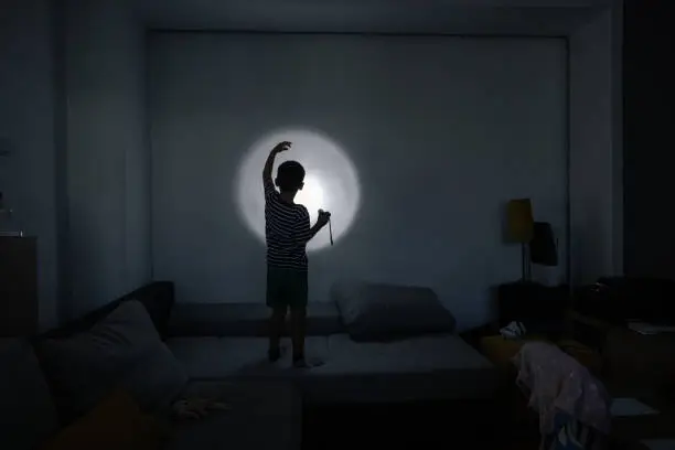 Photo of Boy making shadow puppets with hand and flashlight