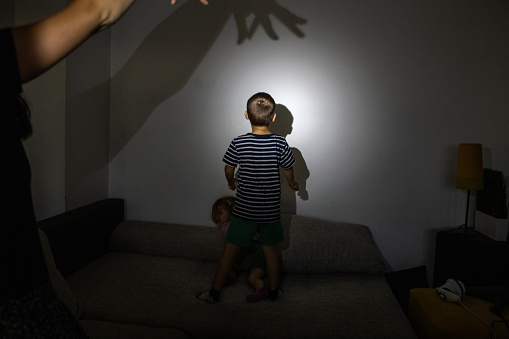 Young mother playing with her kids and making shadow puppets with hand and flashlight on living room wall at night