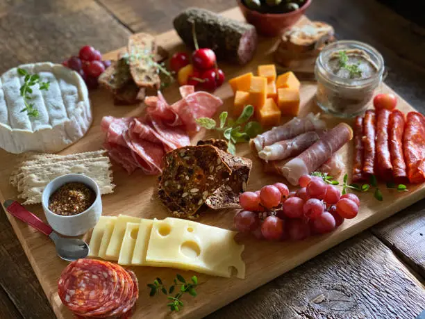 A charcuterie board on a rustic background.