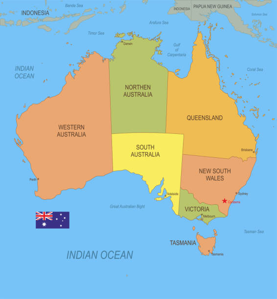 ilustrações, clipart, desenhos animados e ícones de mapa plano da austrália com bandeira - australia map australian flag flag