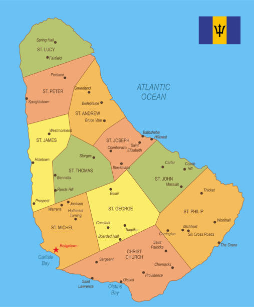 Flat map of Barbados with flag Detailed map of Barbados with surroundings, provinces, capital and flag. barbados map stock illustrations