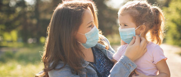 istock Mother and daughter walking outdoors with protective face masks 1263040884