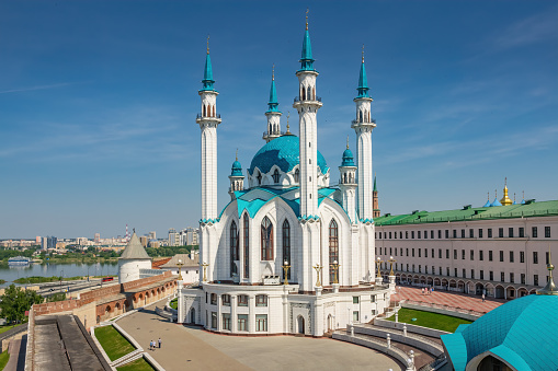 Stock photograph of the landmark Kul Sharif Mosque (Qol Sharif Mosque) in downtown Kazan Russia on a sunny day.