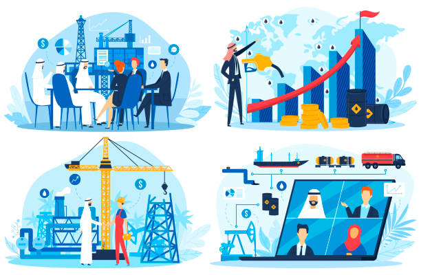 Oil gas fossil fuel Arab UAE business vector illustration set, cartoon flat Arabic businessman character with oil industry business partners Oil gas fossil fuel Arab UAE business vector illustration set. Cartoon flat Arabic businessman character from Iran Kuwait or Qatar meeting with oil gas industry business partners, barrel price growth oman cartoon stock illustrations