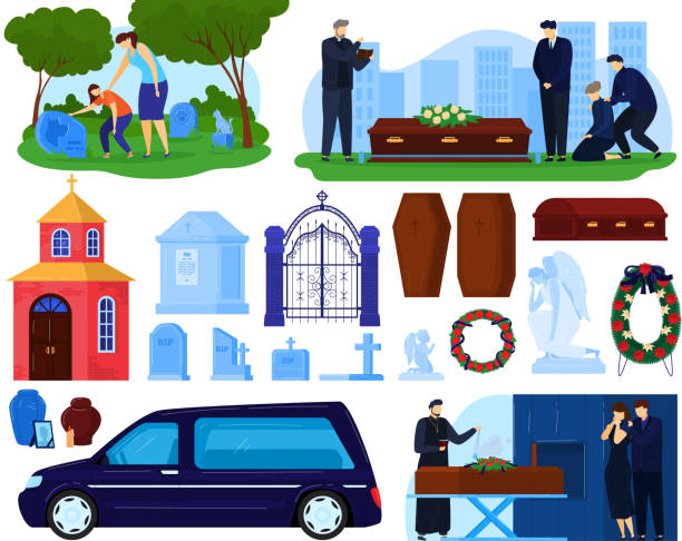 Funeral burial cemetery death ceremony vector illustration set, cartoon flat sad people, ceremonial hearse car near coffin with dead person Funeral burial cemetery death ceremony vector illustration set. Cartoon flat sad people, ceremonial hearse car vehicle, coffin with dead person and wreath, tombstone burial grave isolated on white child casket stock illustrations