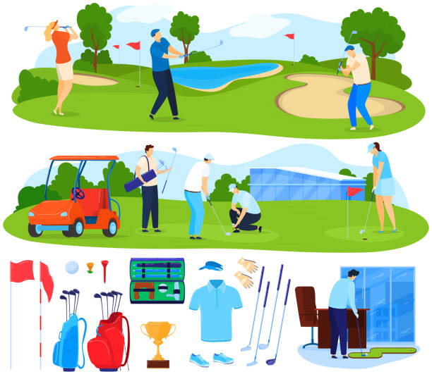 ゴルフベクトルイラストセットをプレイし、漫画フラットアクティブプレーヤーの人々は、草の上でゲームをプレイし、スポーツ活動、白で隔離ゴルフ用品 - golf golf course putting men点のイラスト素材／クリップアート素材／マンガ素材／アイコン素材