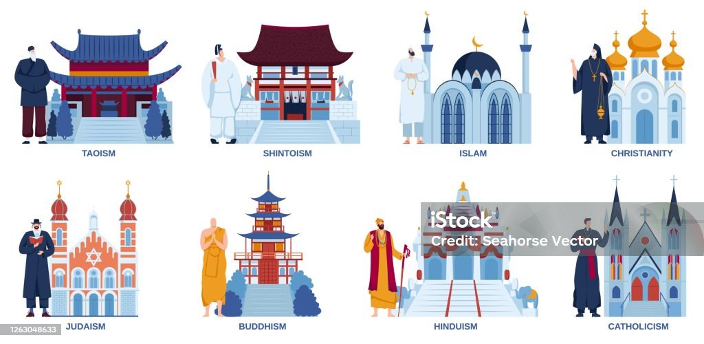 Religion Temple Church Mosque Vector Illustration Flat Set Cartoon  Religious Worship Places Architecture Collection Isolated On White Stock  Illustration - Download Image Now - iStock