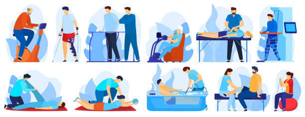 menschen in orthopädischen therapie rehabilitation vektor illustration set, cartoon flachen therapeutcharakter arbeiten mit patient isoliert auf weiß - physical therapy illustrations stock-grafiken, -clipart, -cartoons und -symbole