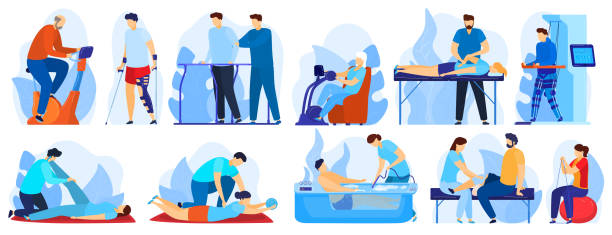 People in orthopedic therapy rehabilitation vector illustration set, cartoon flat therapist character working with patient isolated on white People in orthopedic therapy rehabilitation vector illustration set. Cartoon flat therapist character working with disabled patient, rehabilitating physical activity, physiotherapy isolated on white physical therapy stock illustrations