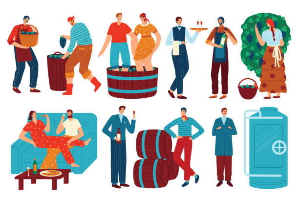 stockillustraties, clipart, cartoons en iconen met de mensen en de illustratie van de wijnvector reeks van de mensen en van de druivenwijn, beeldverhaal vlak mannenvrouwkarakter die wijn drinkt, wijnmaker die op wit wordt geïsoleerdn - stamp vector