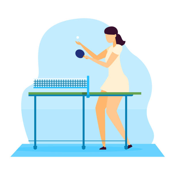 sportsman wektor ilustracji, kreskówka płaska młoda postać kobieta gra ping pong tenisstołowy z rakietą izolowane na białym - amateur tennis stock illustrations