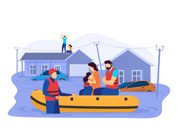 последствия цунами, спасение мужского женского характера эвакуации сохранить надувные лодки людей жертвы наводнения изолированы на белом - victim stock illustrations