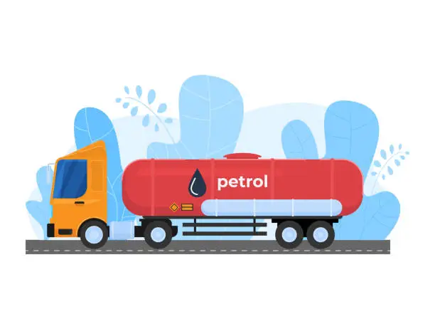 Vector illustration of Oil gas industry vector illustration, cartoon flat freight transport, car tank truck transporting petroleum icon isolated on white