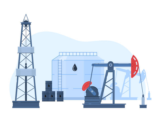 Oil gas industry vector illustration, cartoon flat urban landscape with drilling rig in oilfield, storage in tanks icon isolated on white Oil gas industry vector illustration. Cartoon flat urban landscape with drilling rig in oilfield, industrial process for oil or natural gas production and storage in tanks icon isolated on white oil industry stock illustrations