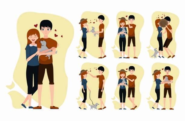 vector Set of romantic couple with dog pets. vector Set of romantic couple with pets. kissing on the mouth stock illustrations