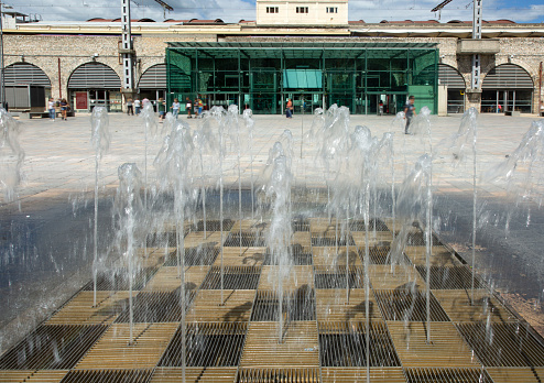 Shot of fountain in front of nimes train station , France