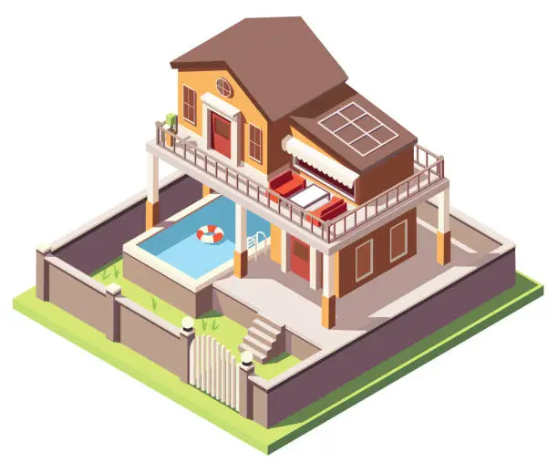 Vector illustration of isometric illustration house with swimming pool Vector