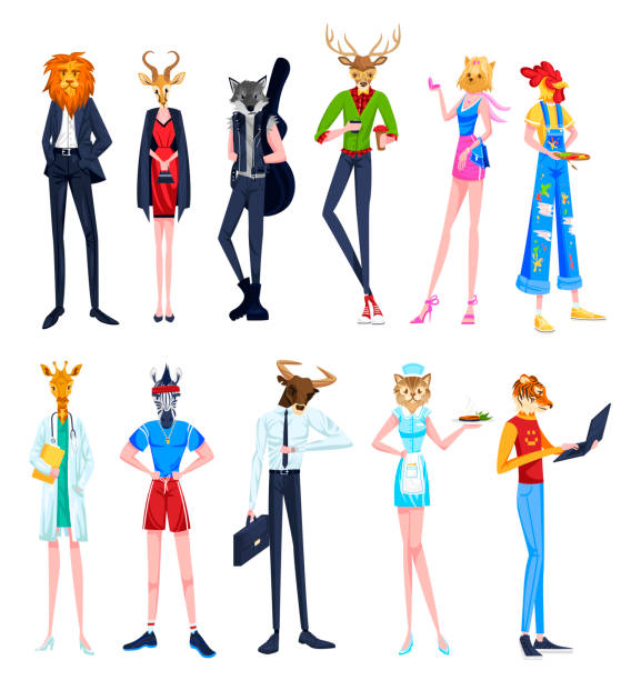 People in animal heads vector illustrations, cartoon flat man woman characters with deer lion cock zebra cat giraffe tiger headbands People in animal heads vector illustrations. Cartoon flat man woman characters with deer lion cock zebra cat giraffe tiger headbands, wearing professional or hipster fashion clothes isolated on white animal head man stock illustrations