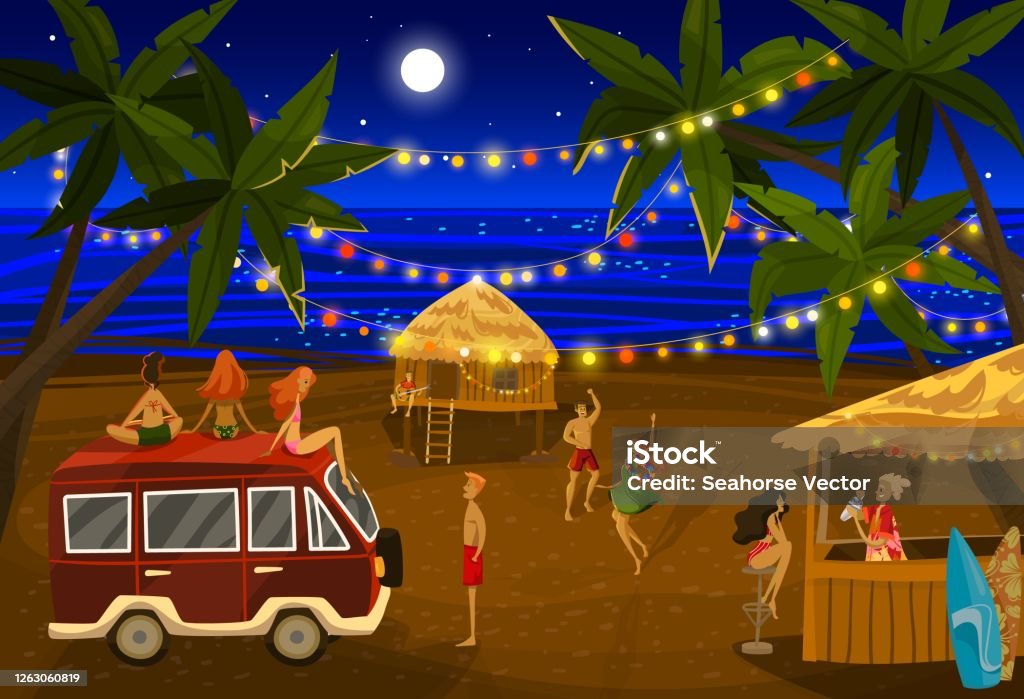 Ilustración de Personas En La Playa Noche Fiesta Vector Ilustración Dibujos  Animados Planas Hombre Feliz Mujer Personajes Bailando En Divertido Fondo  De Evento De Playa De Baile y más Vectores Libres de