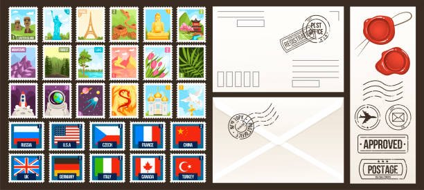 포스트 스탬프 벡터 일러스트레이션, 우표의 만화 플��랫 우편 컬렉션, 세계의 나라, 빈티지 여행 또는 자연 라벨 - postage stamp air mail envelope mail stock illustrations