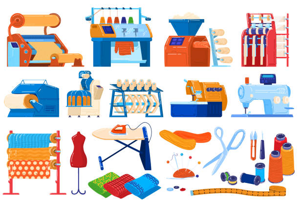 ilustrações, clipart, desenhos animados e ícones de conjunto de ilustração vetorial da indústria têxtil, coleção plana de desenhos animados de equipamentos de máquinas têxteis, segmento e processo de produção de tecidos - textile industry