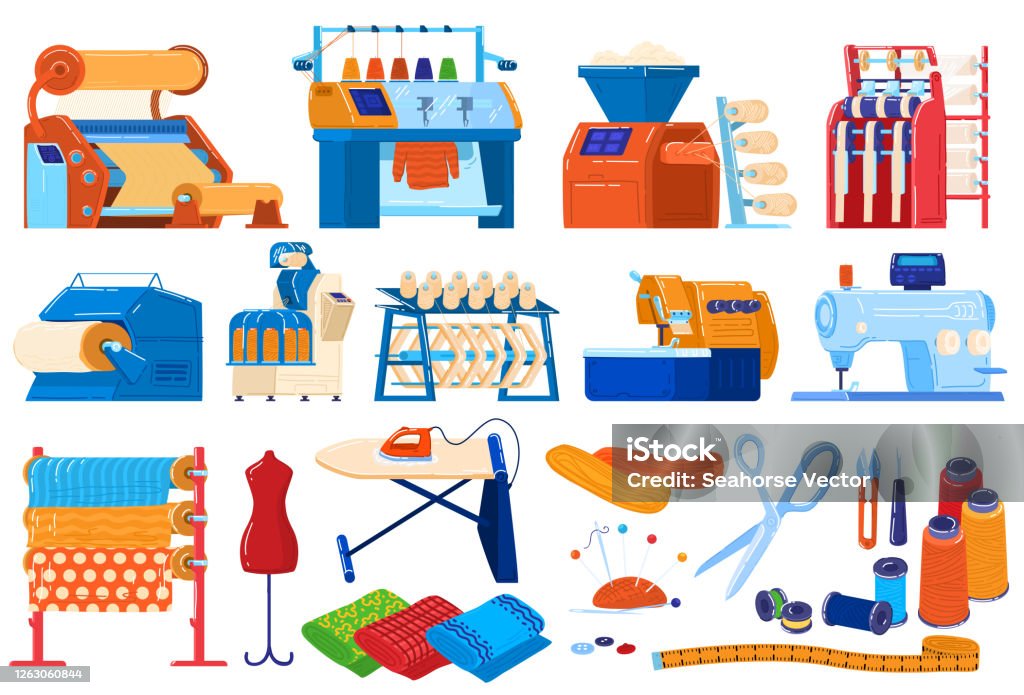 Textile Industry Vector Illustration Set Cartoon Flat Collection Of Textile  Machinery Equipment Thread And Fabrics Production Process Stock  Illustration - Download Image Now - iStock