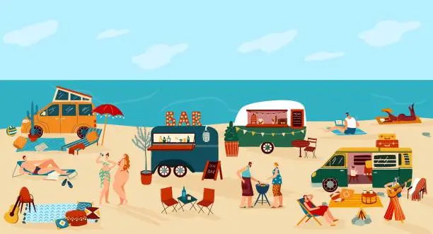 Vector illustration of People travel in trailer vector illustration, cartoon flat happy man woman traveler camper characters have fun on camping beach festival