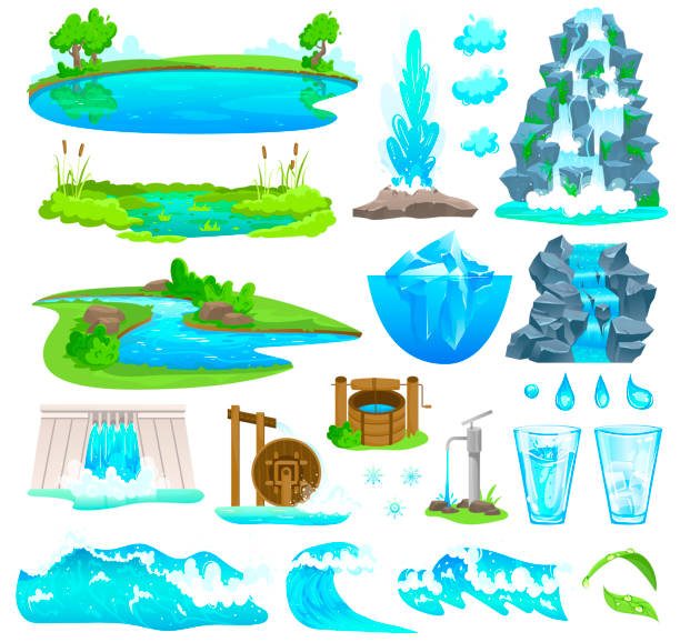 natürliche wasser landschaft vektor-illustration, cartoon flache natur satz von fließenden fluss, wasserfall auf berg, ufer des sees - riverbank stock-grafiken, -clipart, -cartoons und -symbole