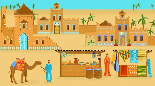 Vector illustration of Travel to Africa vector illustration, cartoon flat desert African landscape with old houses buildings or castle, street market shops