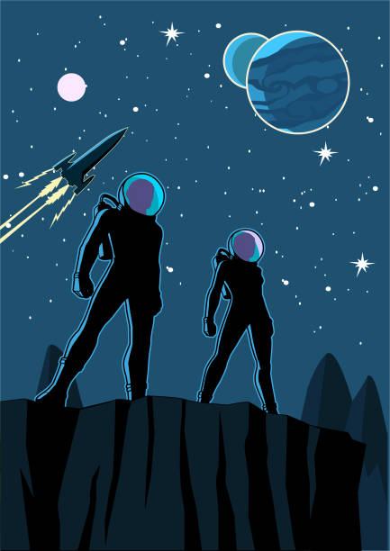 Vector Astronauts Couple Silhouette in Space Stock Illustration A silhouette style vector illustration of a couple of astronaut standing on a cliff on a planet with outer space visible in the background. astronaut silhouettes stock illustrations
