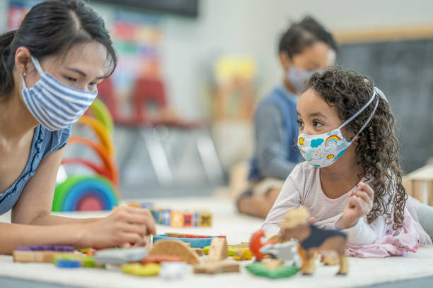 istock Group of children playing at daycare while wearing protective face masks 1263061668