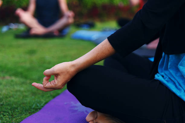 istock Yoga group class outdoors on green grass. 1263067277