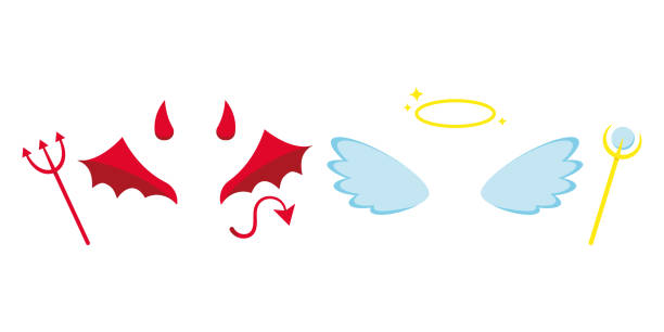Angel and devil or demon costume attributes icon set isolated on white background. Angel and devil or demon costume attributes icon set isolated on white background - horns, light angel red evil wings, tail, halo, staff, trident sign. Flat design cartoon suit vector illustration. devils horn stock illustrations