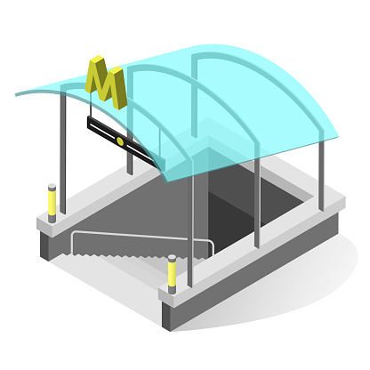 Subway entrance isometric illustration. Underground train station exterior with glass roof, stairs. Metro system, metropolitan city transport. Vector icon isolated on white background.
