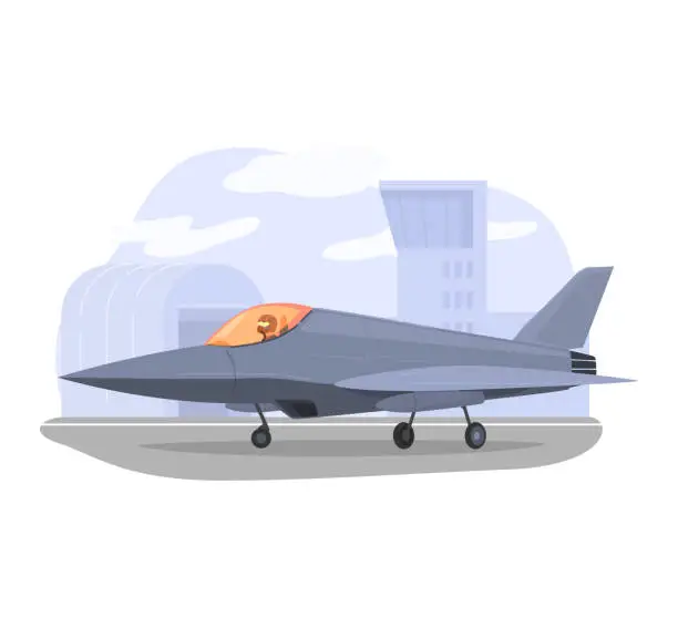 Vector illustration of War flight fly, martial aircraft rises military airfield isolated on white, flat vector illustration. Combat airplane takes off deck ship.