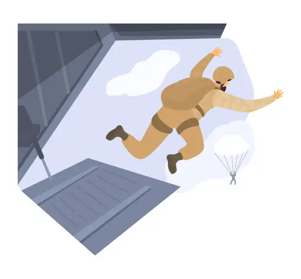 Vector illustration of Paratrooper jump parachute combat aircraft, character male soldier combat mission isolated on white, flat vector illustration.