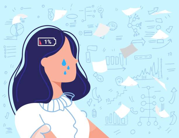 Burnout overwork business people flat vector illustration, cartoon sad employee, overworked businesswoman crying due to burnout work problem Burnout overwork business people flat vector illustration. Cartoon sad frustrated employee, overworked businesswoman crying due to burnout work problems, low energy battery crisis concept background mental burnout illustrations stock illustrations