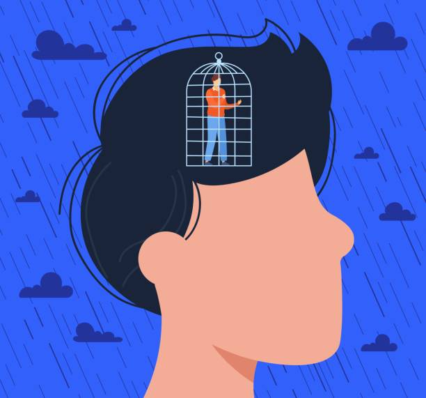 Cage in man head vector illustration, cartoon flat lonely depressed caged male character standing inside human head in closed prison cage Cage in man head vector illustration. Cartoon flat lonely depressed caged male character standing inside human head in closed prison cage of thought, depression and loneliness mental health concept illiteracy stock illustrations