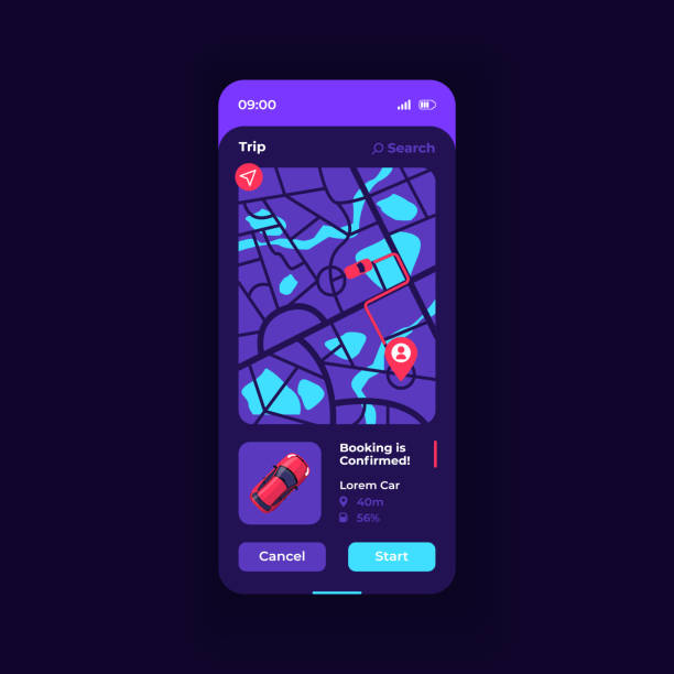 ÐÐ»Ñ ÐÐ½ÑÐµÑÐ½ÐµÑÐ° Trip route smartphone interface vector template. Mobile app page dark blue design layout. Car sharing service screen. Flat UI for application. Taxi navigation. Carpool journey. Phone display uber driver stock illustrations